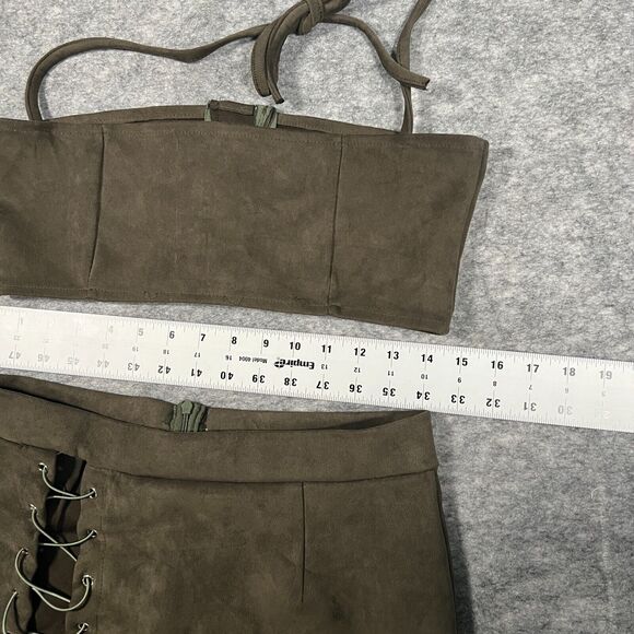 Women's Skirt Set Size Large Army Green 2 Piece Solid Zipper Cotton Halter Neck - Picture 3 of 5